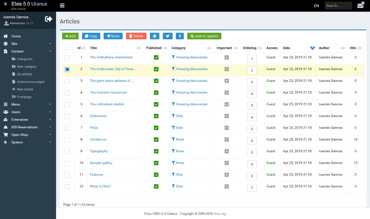 Articles listing page (data table)