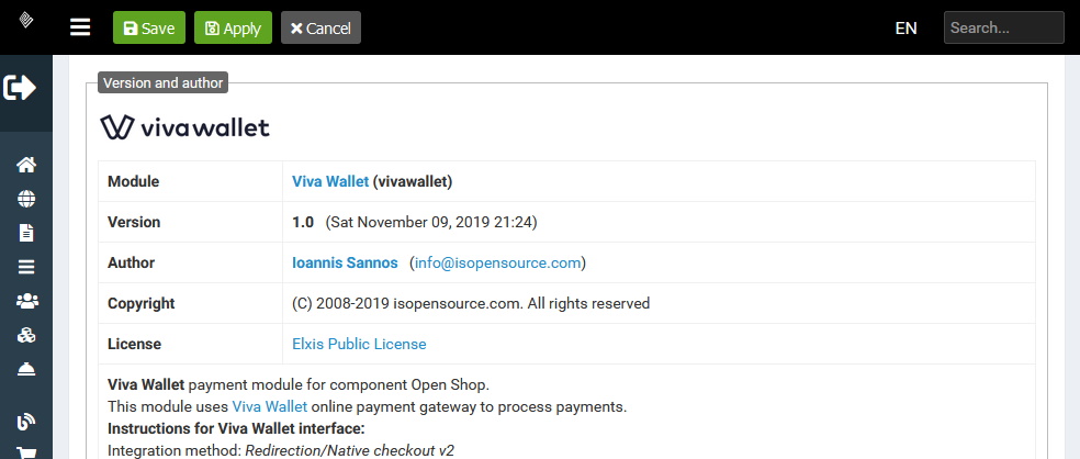Viva Wallet for Open Shop on Elxis CMS