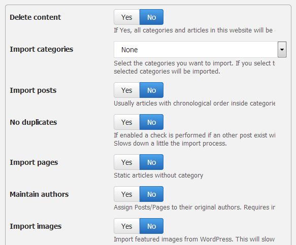 WordPress to Elxis import options